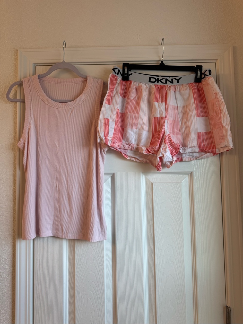 DKNY Light Pink Tank and Patterned Pink-White Sleep Shorts